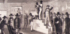 A drawing of Black people being sold off at slave auctions