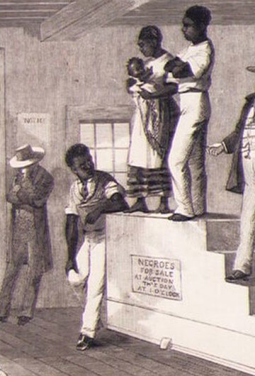 A drawing of Black people being sold off at slave auctions