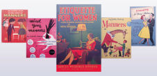 A collage of the books, "The Romper Room Do Bee Book of Manners," "Mind Your Manners," "Etiquette for Women," "My Golden Book of Manners, "Etiquette for Young Mothers."