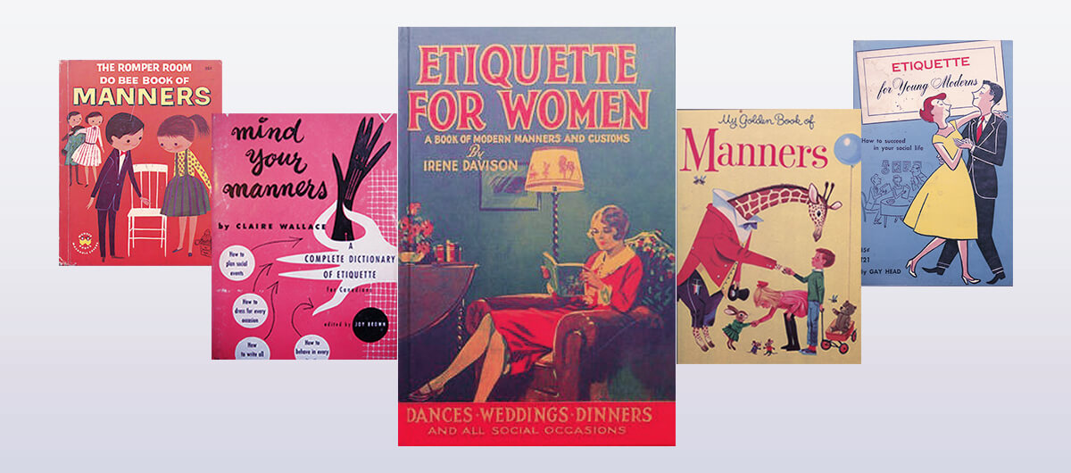 A collage of the books, "The Romper Room Do Bee Book of Manners," "Mind Your Manners," "Etiquette for Women," "My Golden Book of Manners, "Etiquette for Young Mothers."