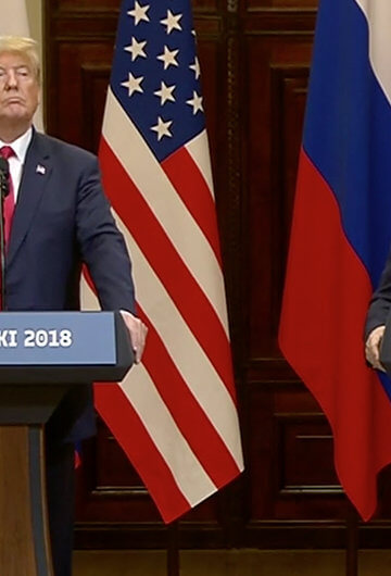 A photo of Donald Trump and Vladimir Putin speaking at a press conference together.