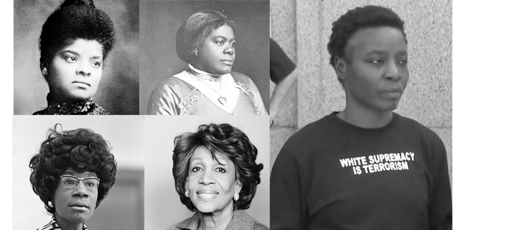 Collage of photos of Black women, Therese Patricia Okoumou, Ida B. Wells-Barnett, Mary McLeod Bethune, and Shirley Chisholm.