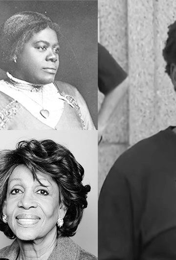 Collage of photos of Black women, Therese Patricia Okoumou, Ida B. Wells-Barnett, Mary McLeod Bethune, and Shirley Chisholm.