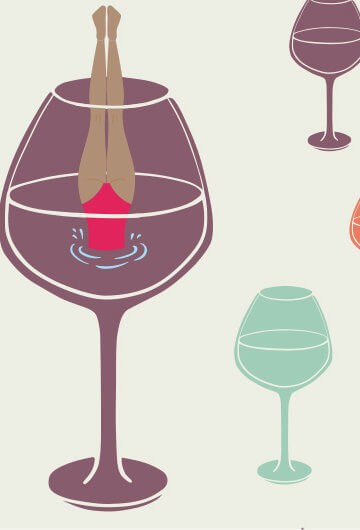 An illustration of wine glasses with liquid in them. A person dived into one of the glasses.