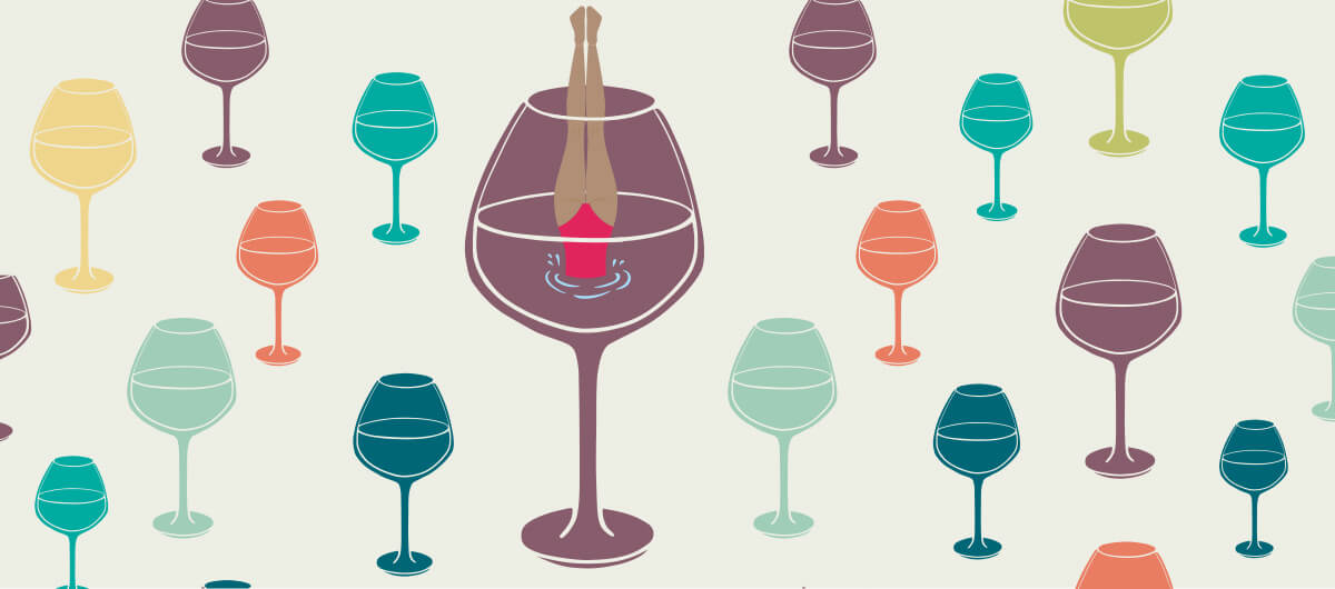 An illustration of wine glasses with liquid in them. A person dived into one of the glasses.