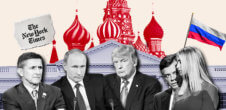 A collage of Michael Flynn, Vladimir Putin, Donald Trump, Paul Manafort, Ivanka Trump in front of the White House, which is in front of the Kremlin.