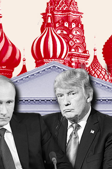 A collage of Michael Flynn, Vladimir Putin, Donald Trump, Paul Manafort, Ivanka Trump in front of the White House, which is in front of the Kremlin.