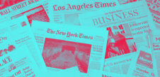 A bunch of newspapers, including the Wall Street Journal, New York Times, and Los Angeles Times stacked on top of each other.