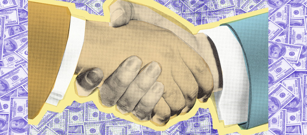 A collage of two men shaking hands over the background of money.