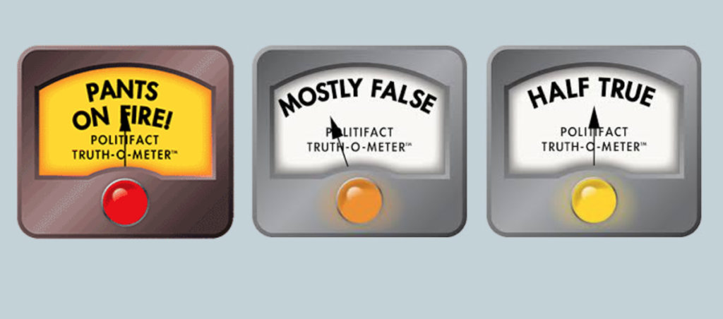 A collage of three meters that say "Politifact Truth-O-Meter" on them. One says, "Pants on Fire," one says "Mostly False," and the other says "Half True."