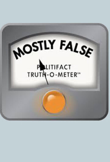 A collage of three meters that say "Politifact Truth-O-Meter" on them. One says, "Pants on Fire," one says "Mostly False," and the other says "Half True."