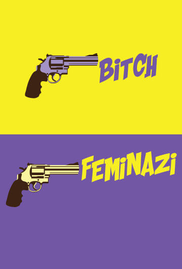 A collage of artwork of guns being pointed at six words. The words are "Infest, Bitch, Snowflake, Animals, Feminazi and Libturd."