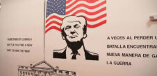 Artwork honoring Donald Trump with an American flag behind him