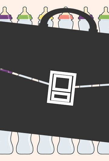 A collage of illustrations of baby bottles in the background and a purse in the front.