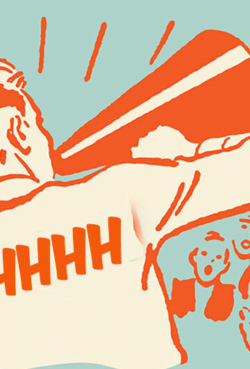 An illustration of a man speaking out of a megaphone. It says "Shhhh" on his jacket.