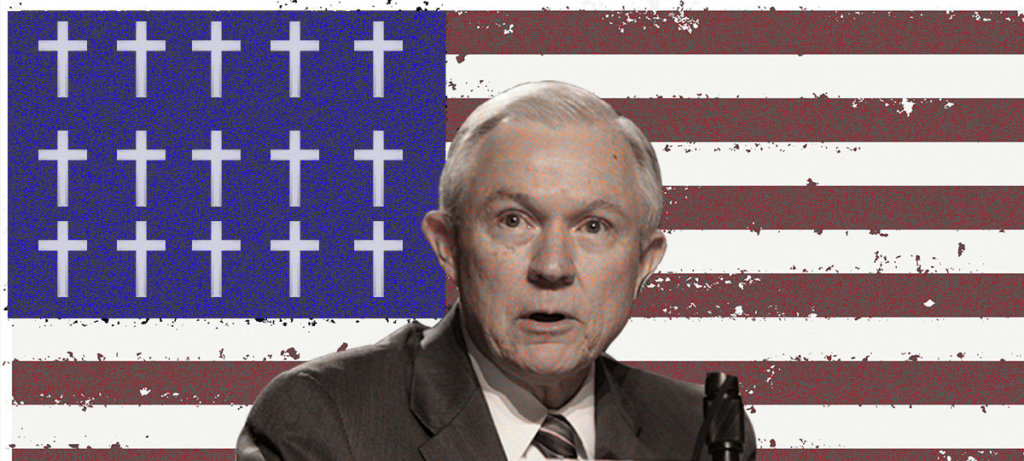 A picture of Jeff Sessions with a drawing of the American flag behind him. Stars are replaced with crosses.