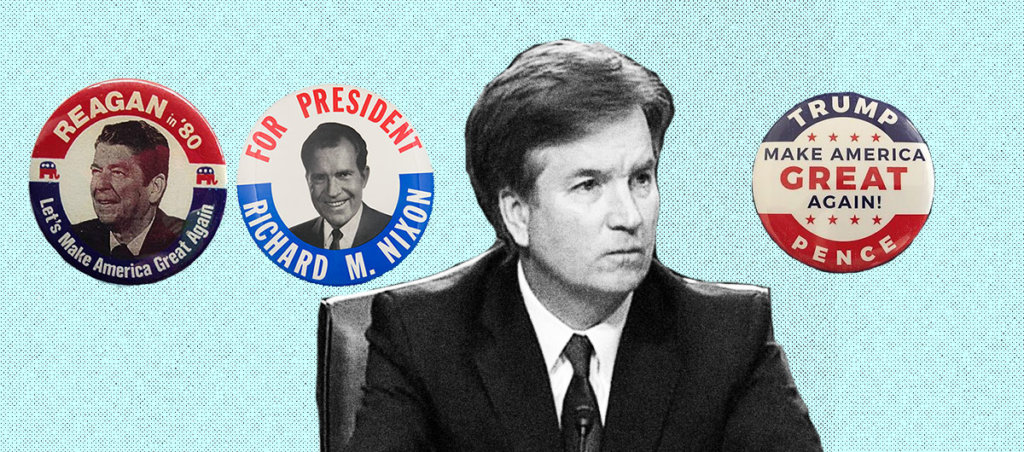 A collage of a photo of Brett Kavanaugh with buttons encouraging people to vote for Ronald Regan, Richard Nixon, and Donald Trump.