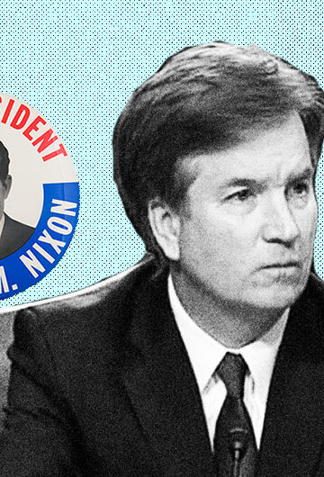 A collage of a photo of Brett Kavanaugh with buttons encouraging people to vote for Ronald Regan, Richard Nixon, and Donald Trump.