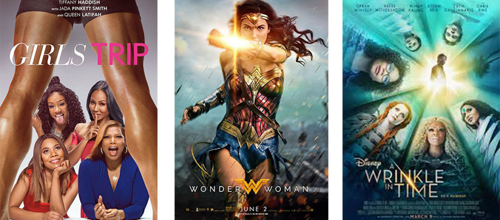 A collage of posters for the films "Girls Trip," "Wonder Woman," and "A Wrinkle In Time."
