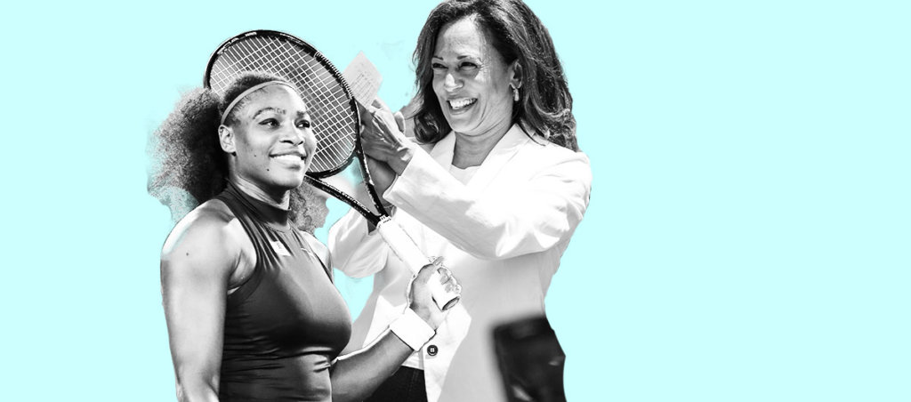 A collage of photos of Serena Williams and Kamala Harris