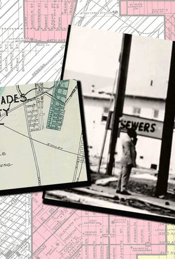 A collage of map that shows redlining and a photo of a sign that says, "This Tract is Exclusive and Restricted"