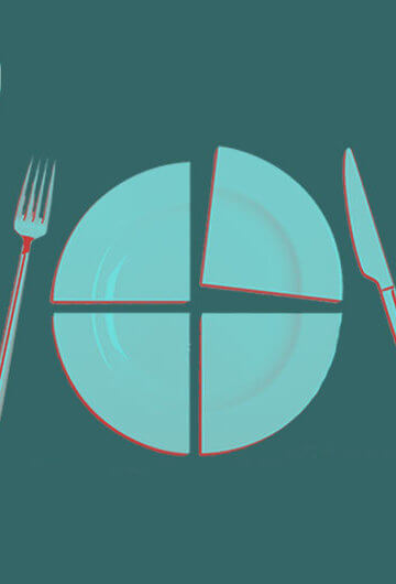 A collage of an opened can, a broken plate and a piece of bread where the center is removed.