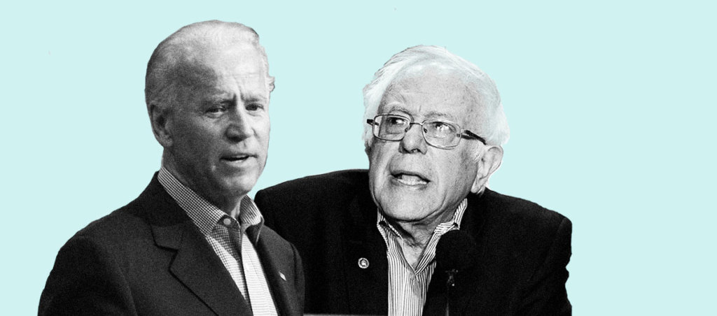 A collage of photos of Joe Biden and Bernie Sanders