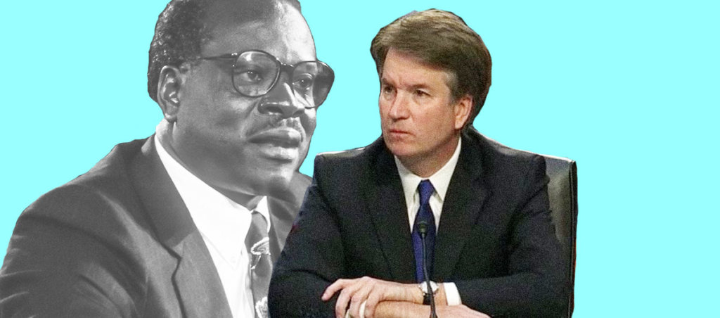 A collage of photos of Clarence Thomas and Brett Kavanaugh