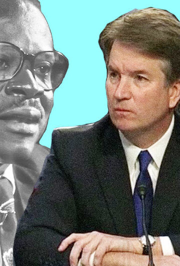 A collage of photos of Clarence Thomas and Brett Kavanaugh