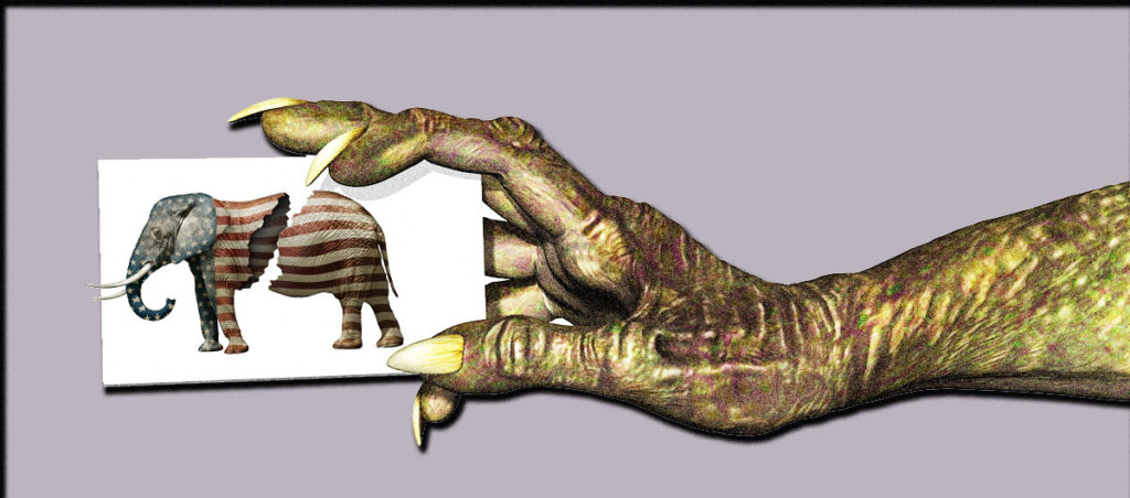 A lizard monster-type arm holding a picture of an elelphant painted the colors of the American flag. The elephant is ripped in half.
