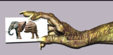 A lizard monster-type arm holding a picture of an elelphant painted the colors of the American flag. The elephant is ripped in half.