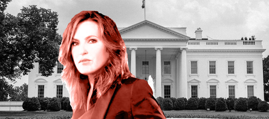 A collage of a photo of Olivia Benson in front of the White House