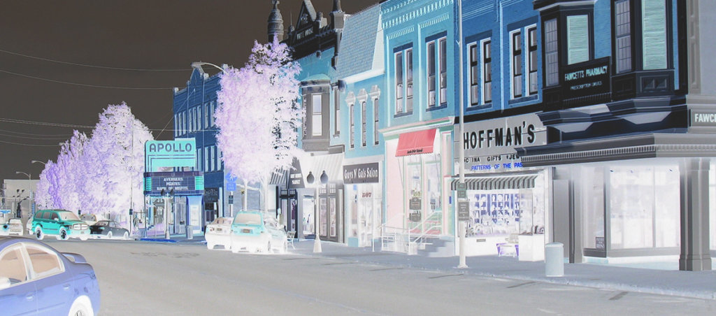 A photo of the downtown area of Princeton, Illinois. The colors are distorted to blue-ish colors.