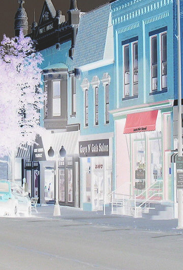A photo of the downtown area of Princeton, Illinois. The colors are distorted to blue-ish colors.