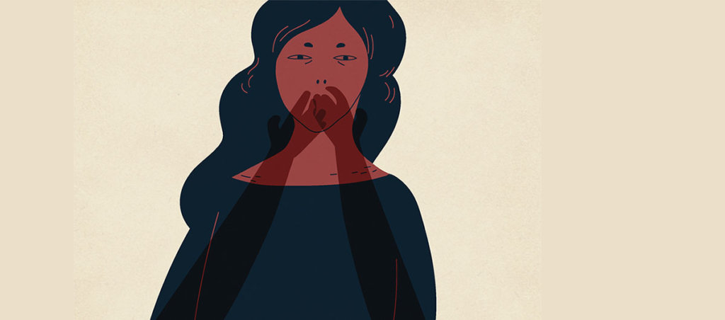 An illustration of a woman with brown skin with a shadow of hands covering her mouth.