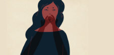 An illustration of a woman with brown skin with a shadow of hands covering her mouth.