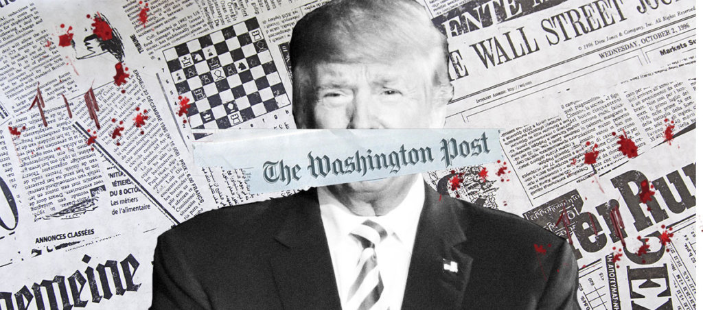 A collage of newspapers in the back, Donald Trump, and the logo of the "The Washington Post" covering Donald Trump's mouth.