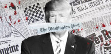 A collage of newspapers in the back, Donald Trump, and the logo of the "The Washington Post" covering Donald Trump's mouth.