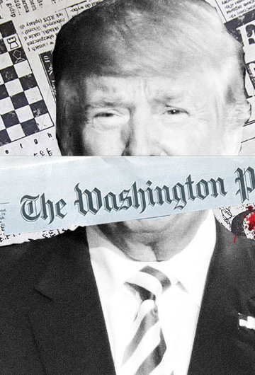 A collage of newspapers in the back, Donald Trump, and the logo of the "The Washington Post" covering Donald Trump's mouth.