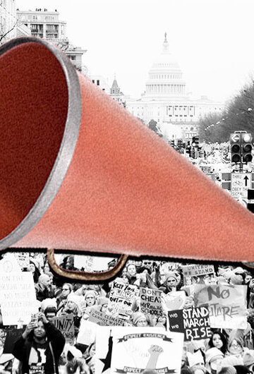 A megaphone on top of a photo of people protesting for women's rights.