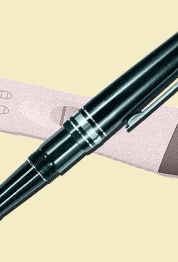 A collage of a pregnancy test and a pen.