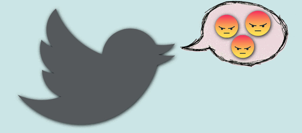 A collage of a Twitter bird symbol if gray with angry emojis inside of a speech bubble.