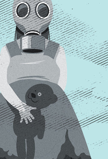 An illustration of a kid with a mask covering their face and carrying a stuffed animal.