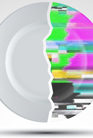 A photo of a plate and a fork and a knife. Half of the plate looks like it's glitching.