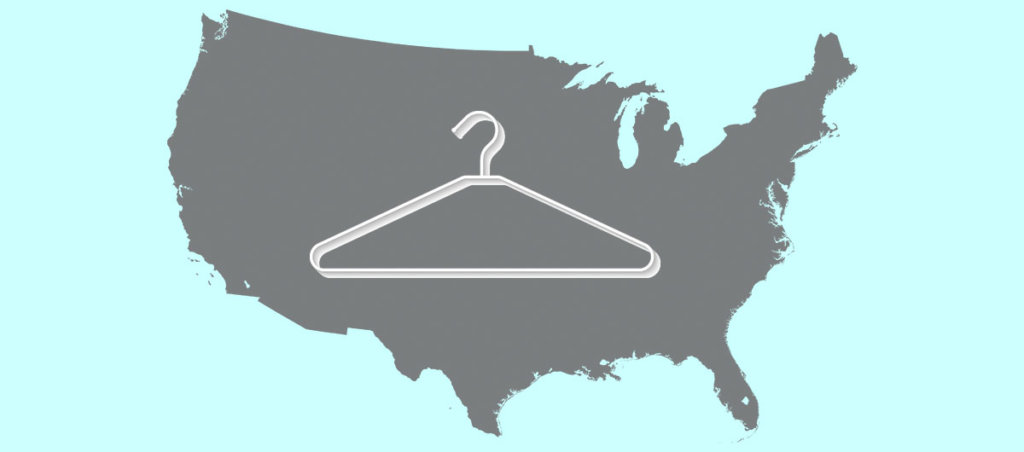 A collage of a gray map of the United States with a hanger over it.