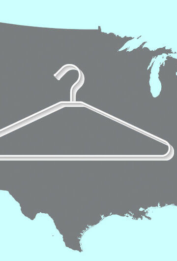 A collage of a gray map of the United States with a hanger over it.