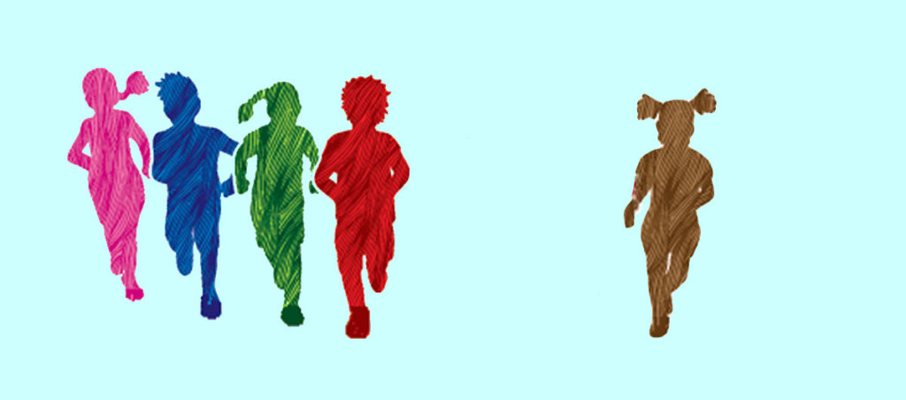 A collage of four cut outs of kids in pink, blue, green and red running together and one brown kid running alone.