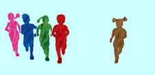 A collage of four cut outs of kids in pink, blue, green and red running together and one brown kid running alone.