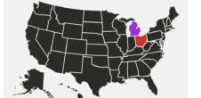 A map of the United States in black, except Michigan is highlighted in purple and Ohio in red.