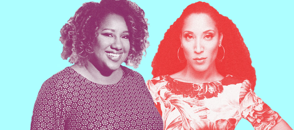 A collage of two photos of Robin Thede and Ashley Nicole Brown, two Black women.